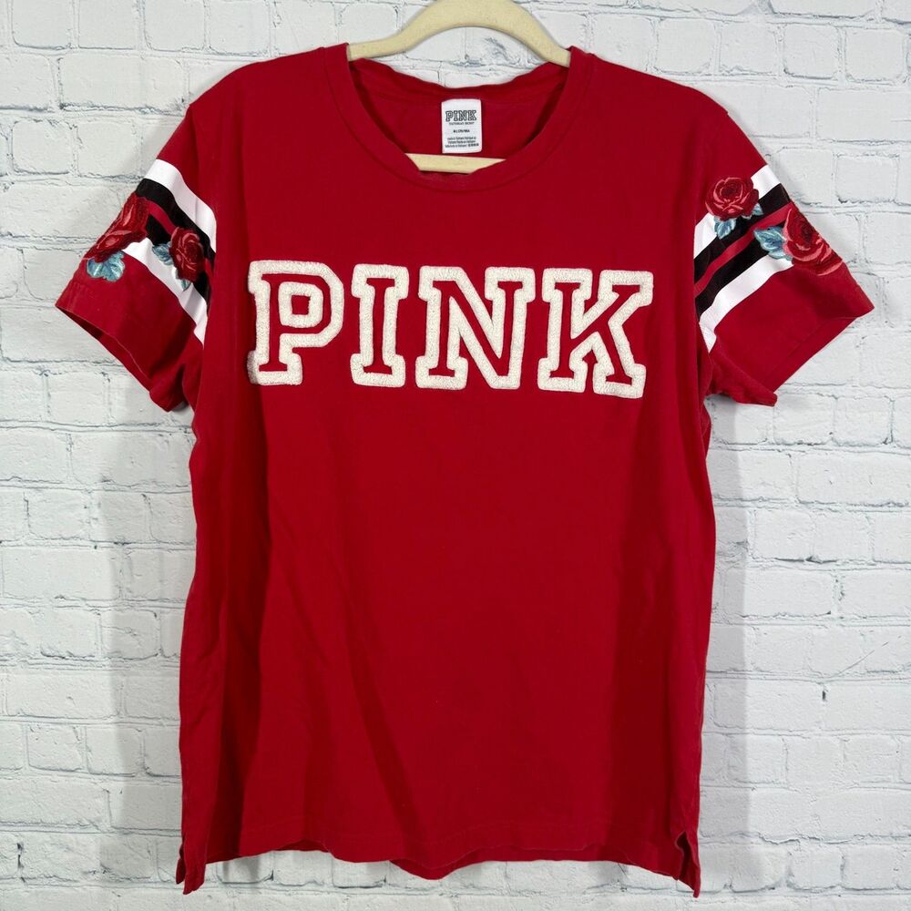 Victoria Secret Pink Shirt Women Medium Red Flower Embroidered Embellished Top